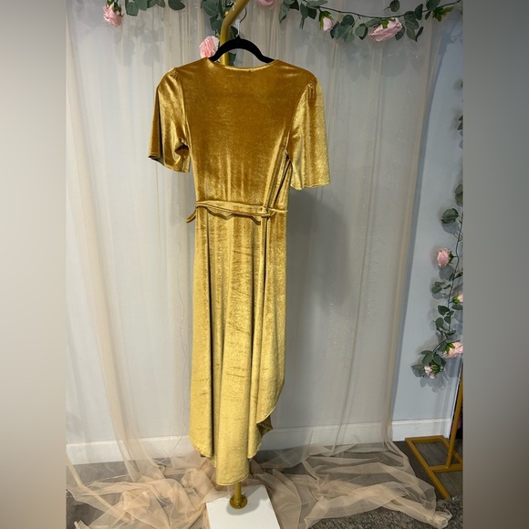 Lulus Amour Golden Yellow Velvet High-Low Wrap Dress - Picture 8 of 9